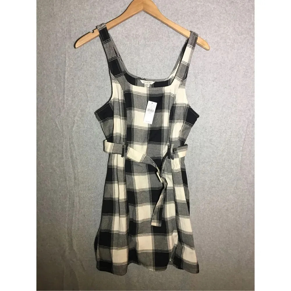 Womens NWT American Eagle Dress Black White Gingham Belt Waist Spring Picnic